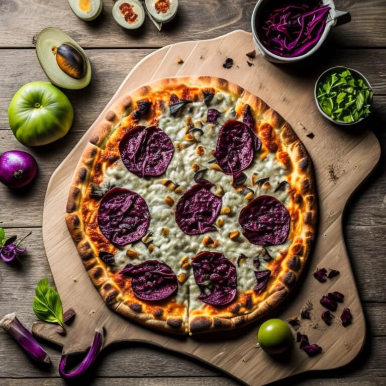 Pizza mit Klößen und Rotkohl